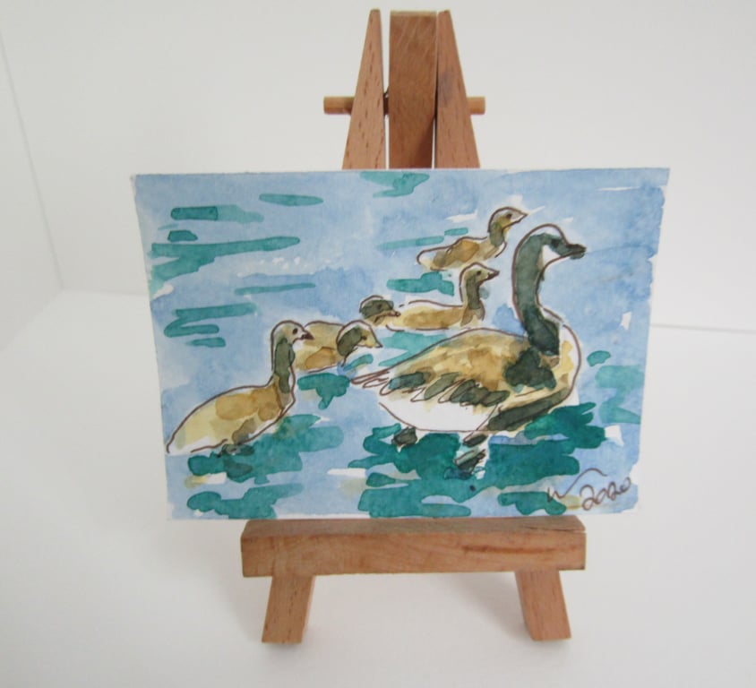 ACEO Art Goslings Swim Original Watercolour & Ink Painting OOAK
