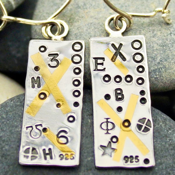 Keum boo earrings, silver and gold, Long drop earrings, rectangular earrings