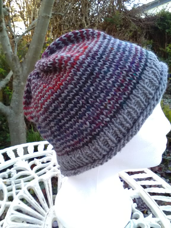 Handknit Noro Striped Beanie Hat 100% wool Reds Purple Grey Medium