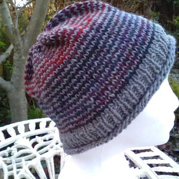 Handknit Noro Striped Beanie Hat 100% wool Reds Purple Grey Medium