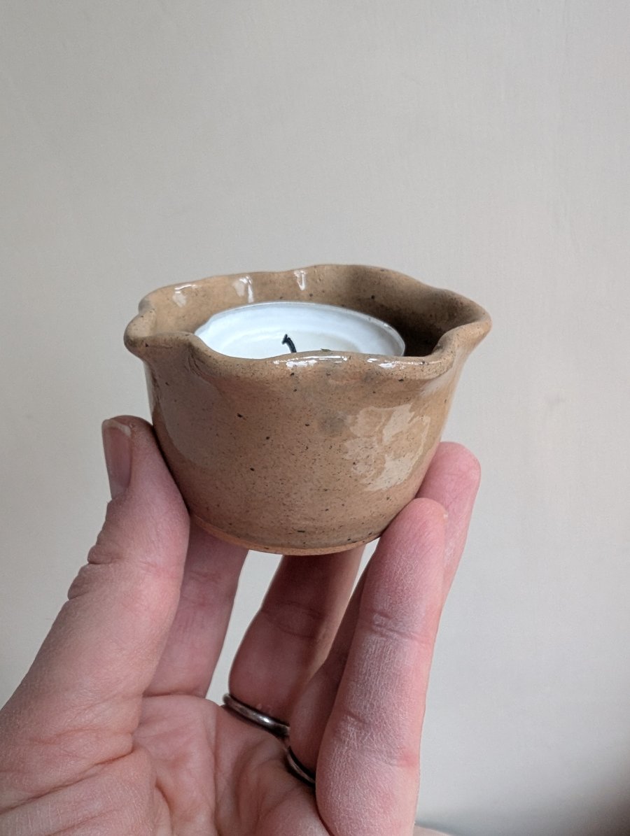 Speckled caramel beige tealight candle holder with fluted scalloped rim handmade