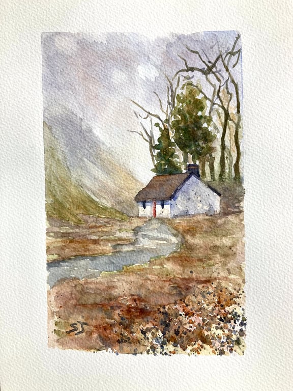 Original watercolour painting artist signed of Winter cottage in Scotland 