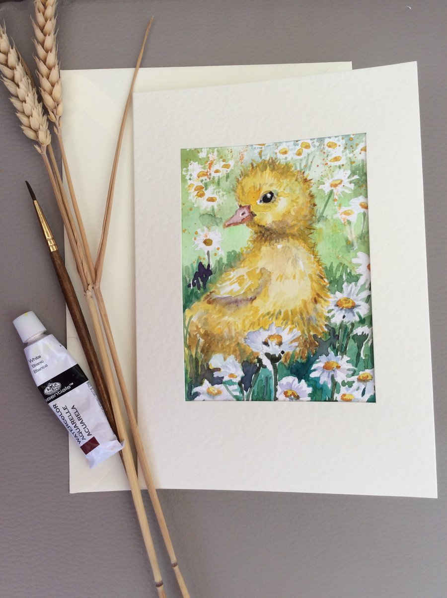 Original watercolour painting of duckling amongst daisies handmade card