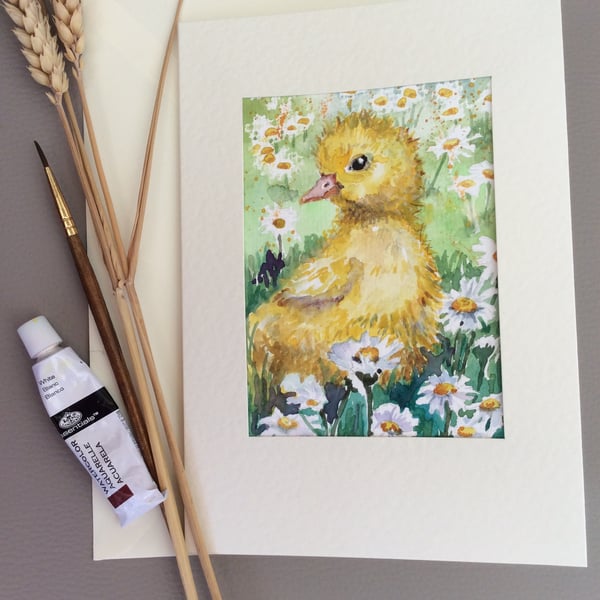 Original watercolour painting of duckling amongst daisies handmade card