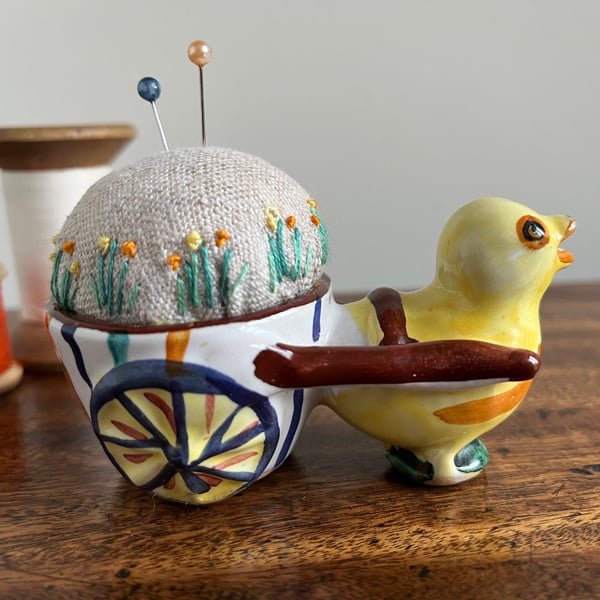 Chick and Cart egg cup embroidered pin cushion