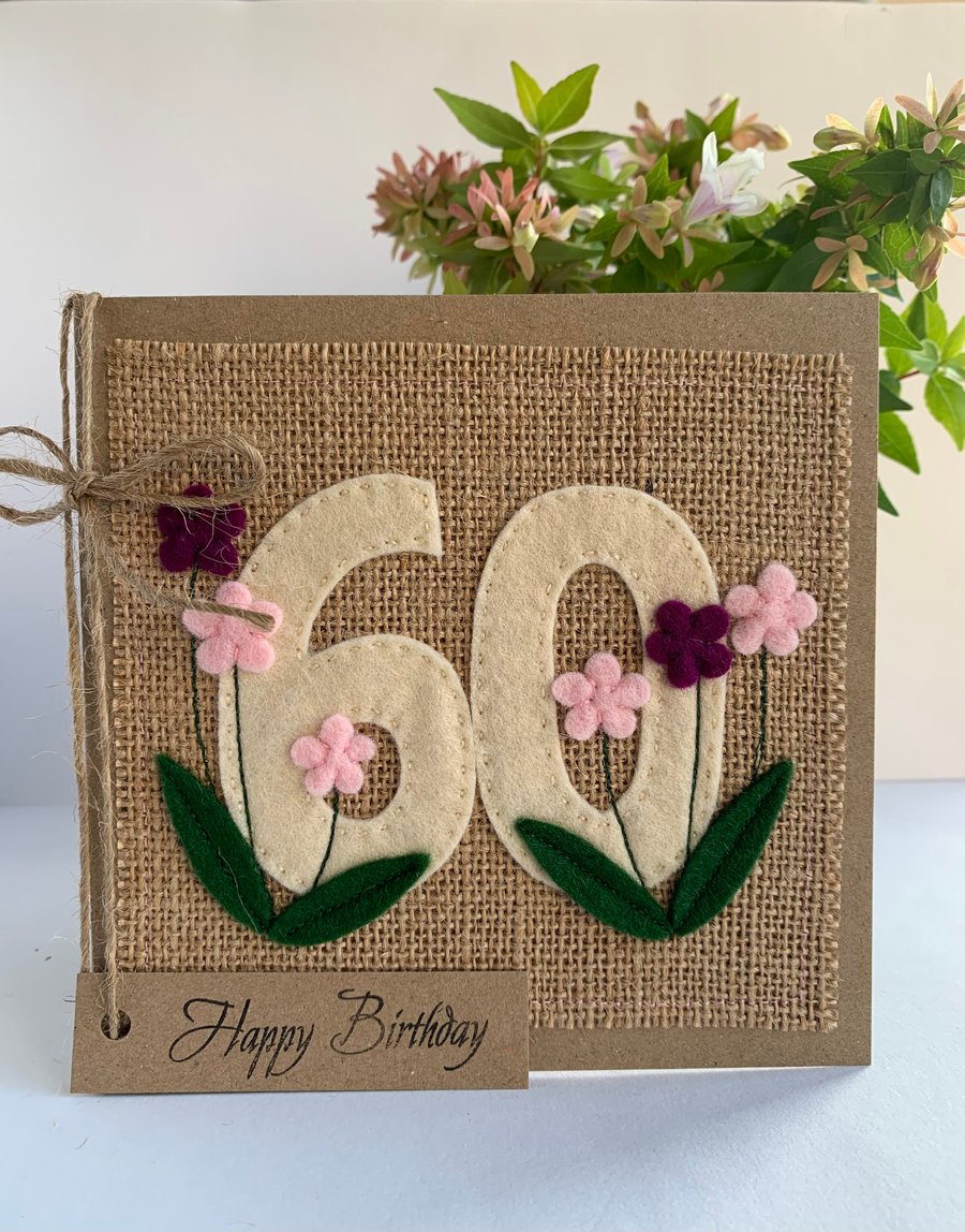 Handmade 60th Birthday Card. Felt. Keepsake Card. Textile card.