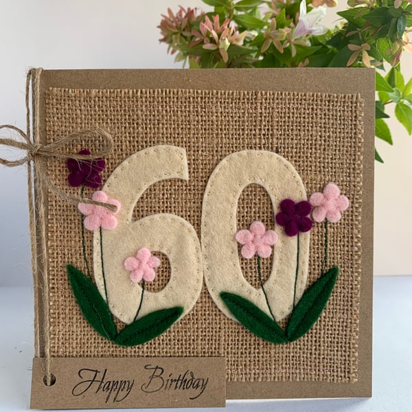 Handmade 60th Birthday Card. Felt. Keepsake Card. Textile card.