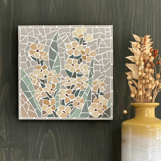 Mosaic Floral Art - Yellow Sisyrinchium Mosaic Wall Plaque