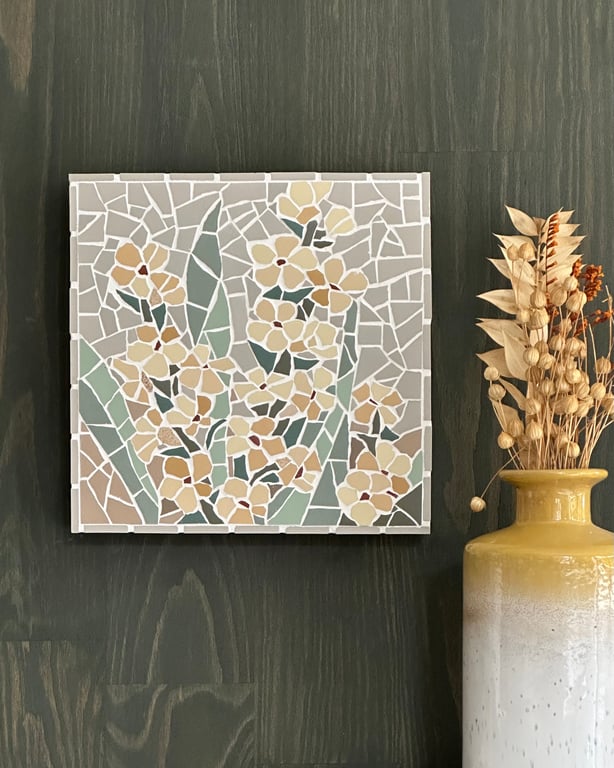 Mosaic Floral Art - Yellow Sisyrinchium Mosaic Wall Plaque