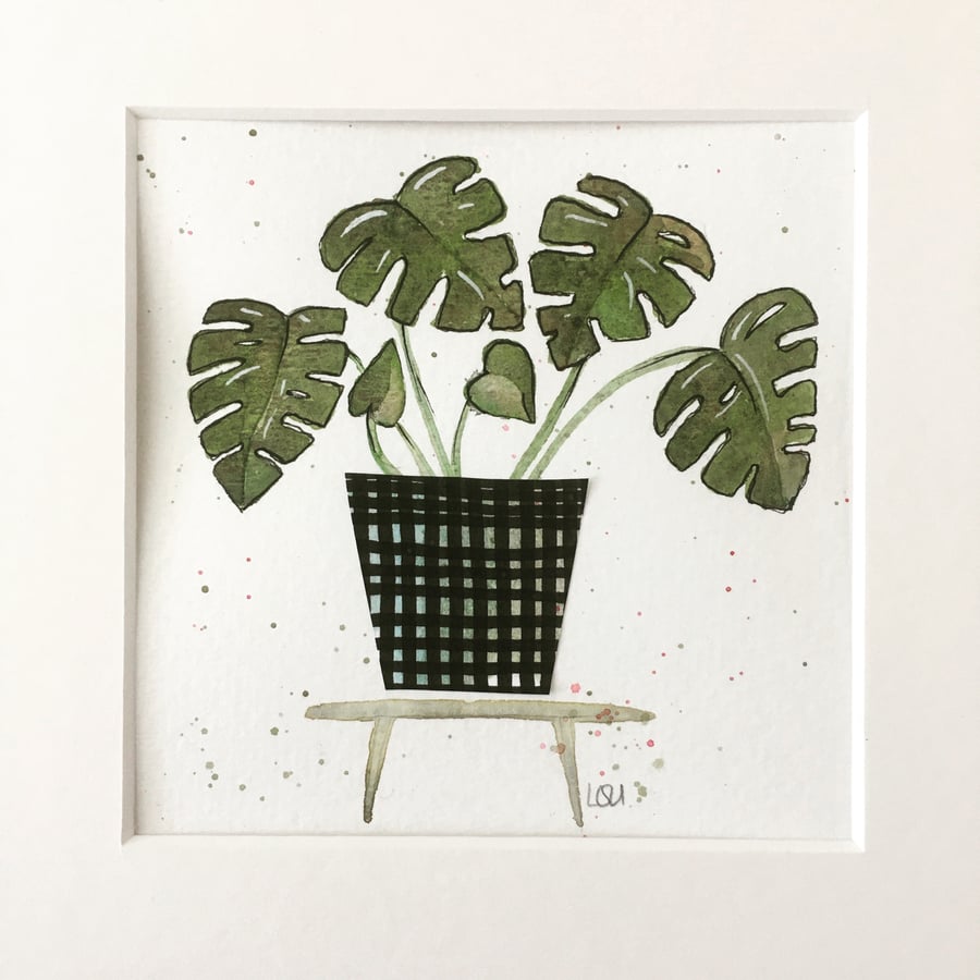 Original watercolour and collage houseplant Monstera mounted 