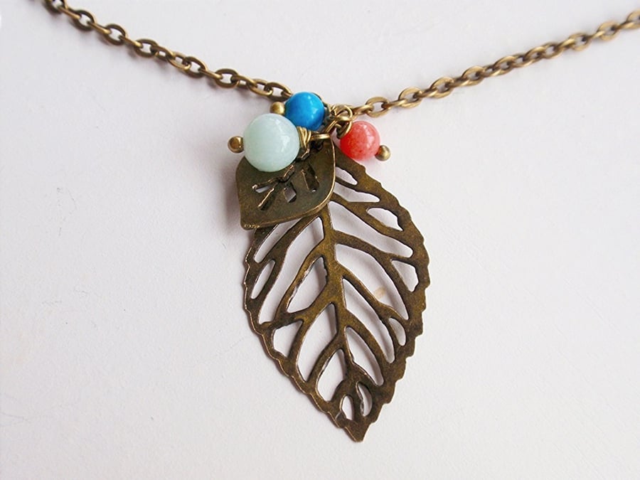 Bronze leaf necklace with coloured gemstones