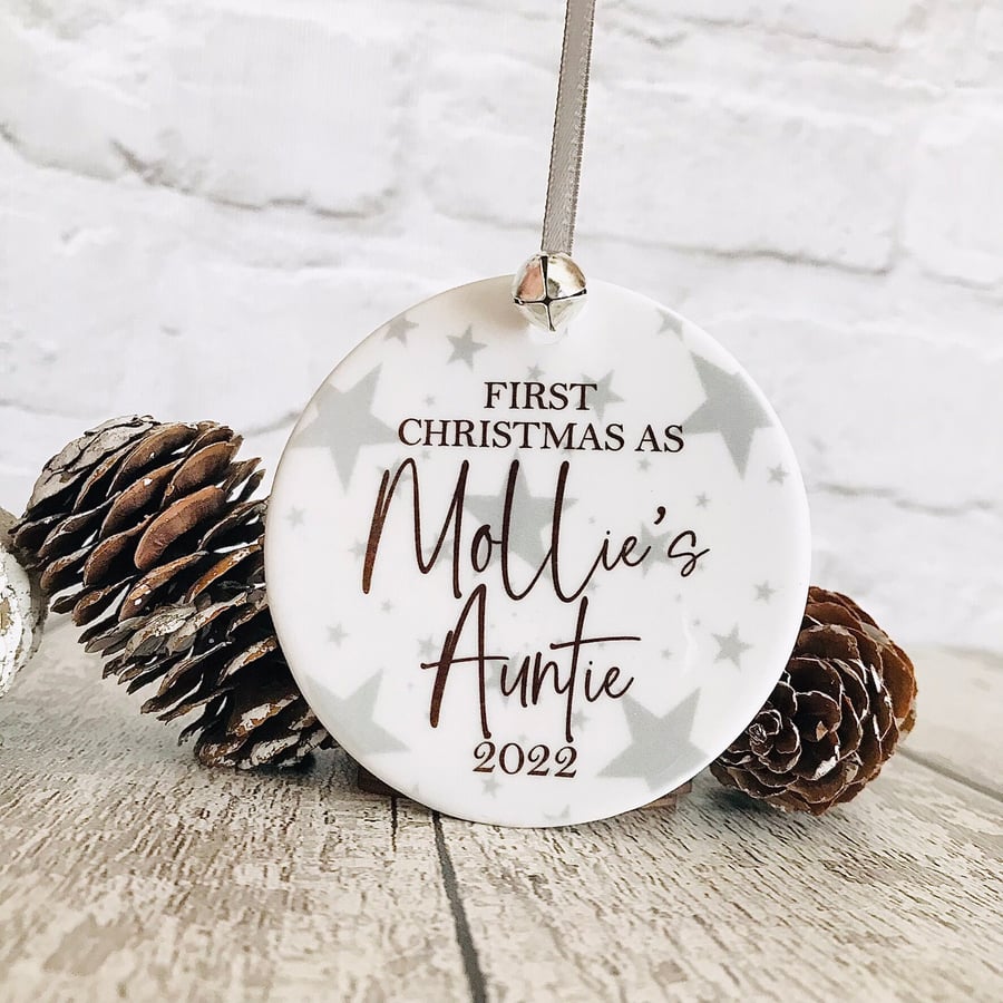 First Christmas as Auntie bauble, personalised first christmas bauble, christmas