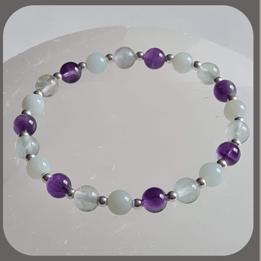 Fluorite, Amethyst and Amazonite and Sterling Silver 'Study' Stacker Bracelet
