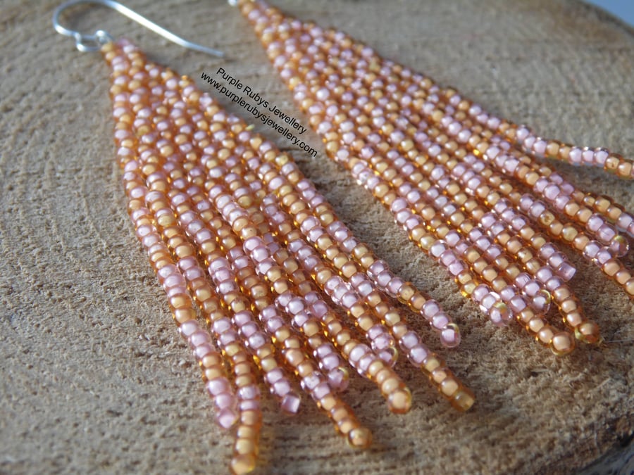 Orange & Peach Beaded Fringe Statement Boho Earrings E543