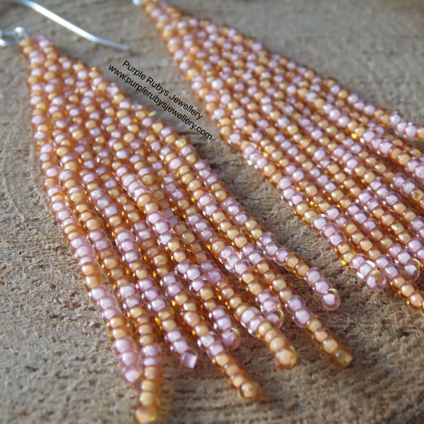 Orange & Peach Beaded Fringe Statement Boho Earrings E543