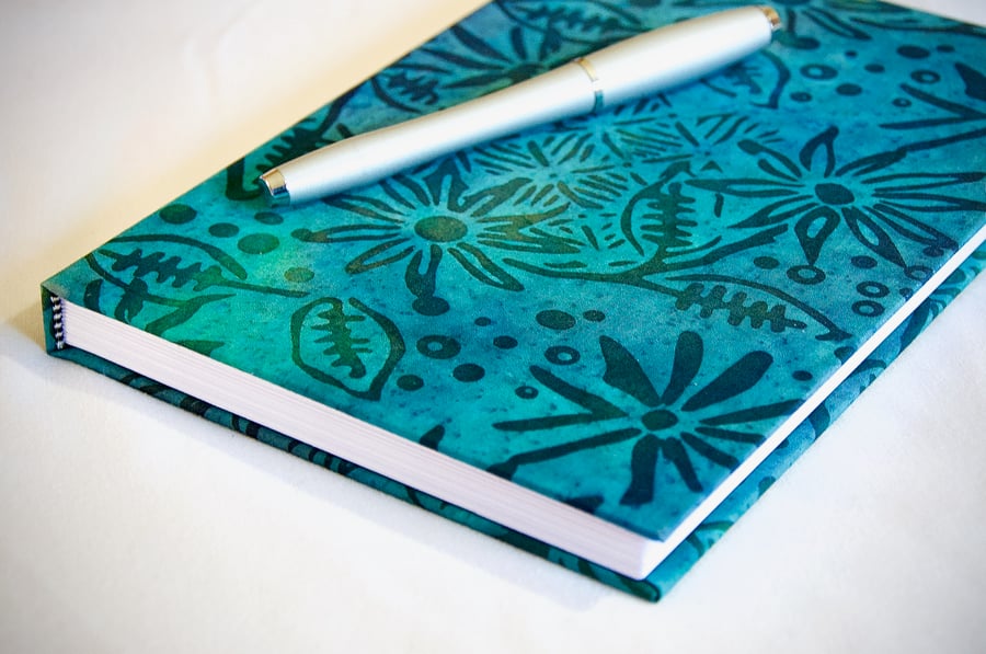 A5 Hardback Notebook with full cloth blue batik flower cover