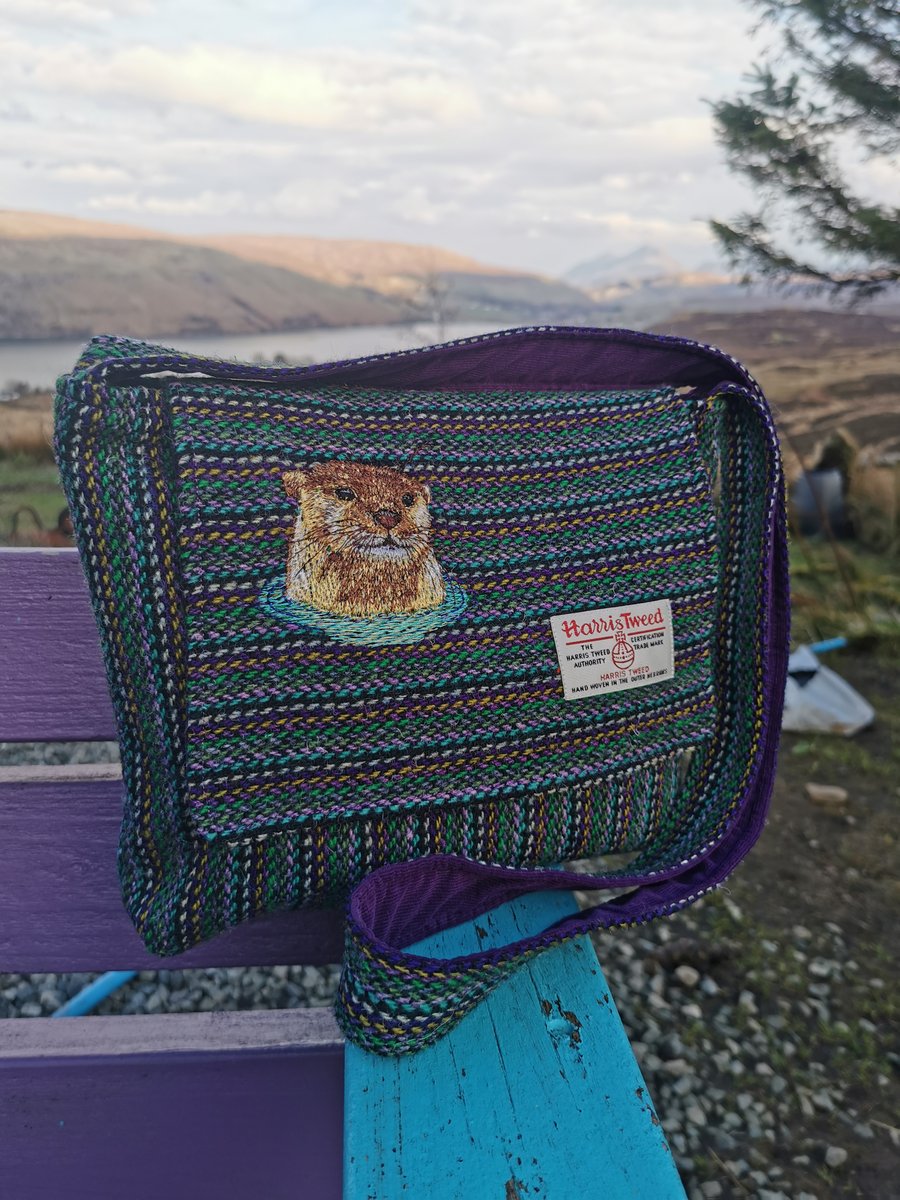 Harris Tweed crossbody bag with embroidered Otter 