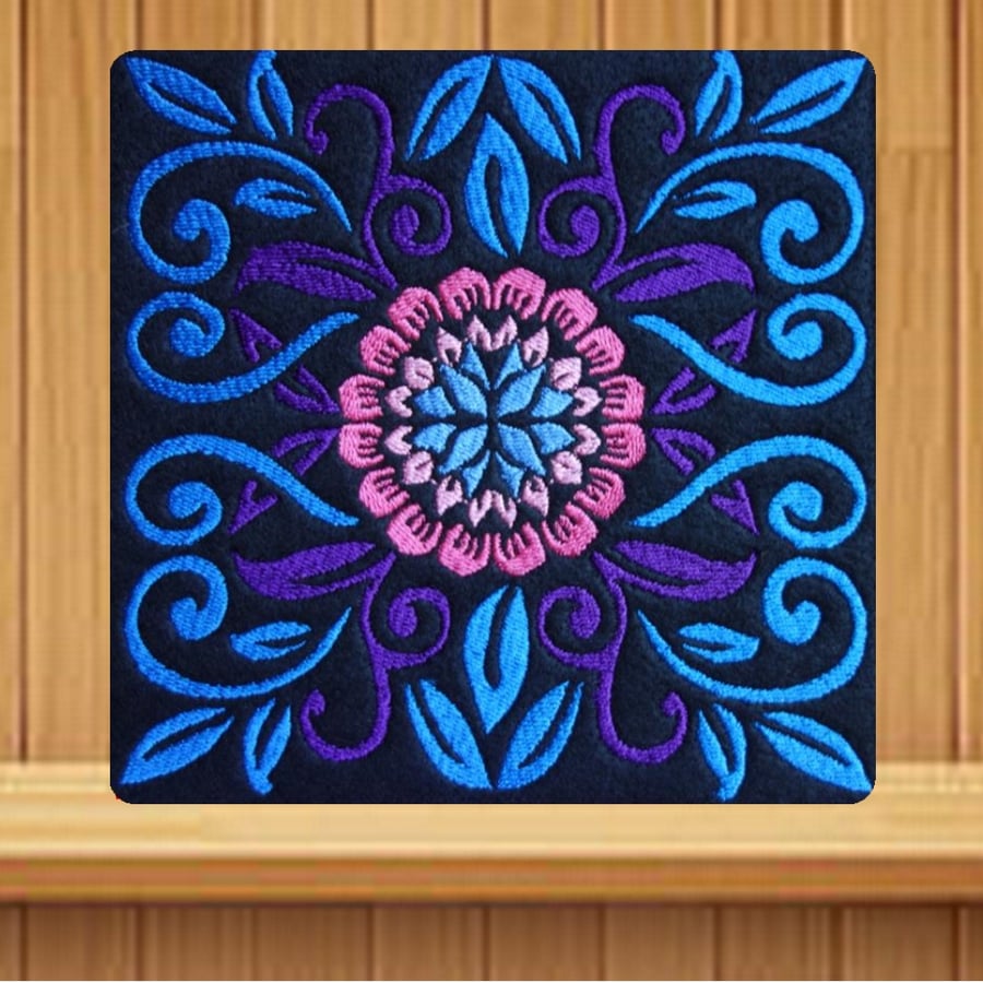 Handmade blue and pink polish design Embroidered greetings card 