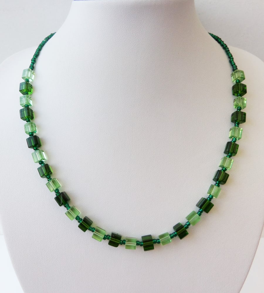 Two colour green cube and green seed bead necklace