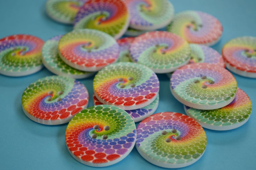 30mm Wooden Rainbow Swirl Buttons Large Colourful Button (RSW4)