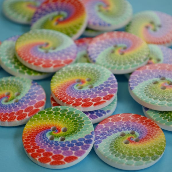 30mm Wooden Rainbow Swirl Buttons Large Colourful Button (RSW4)