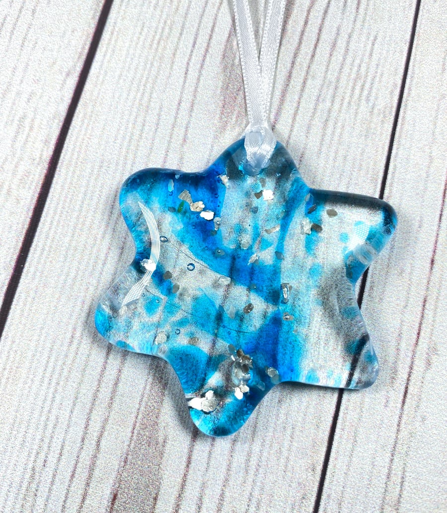 Blue and silver fused glass hanging star 