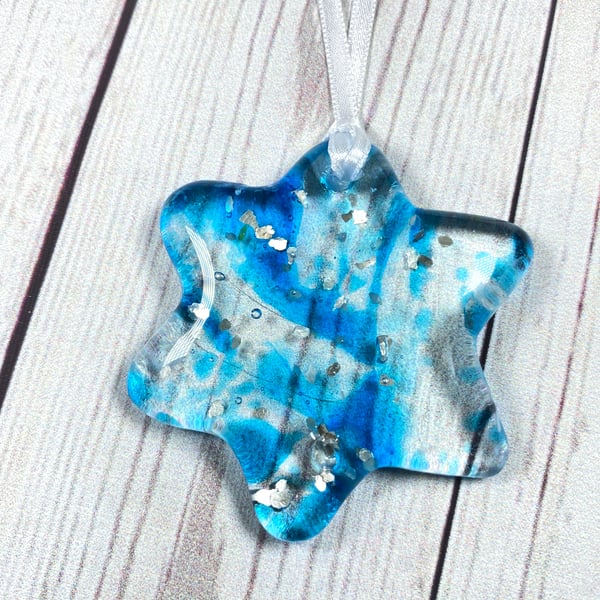 Blue and silver fused glass hanging star 