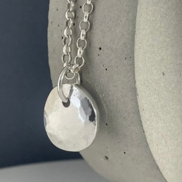 Chunky Hand Forged Sterling Silver Hammered Pebble Pendant Necklace 16-26 Inches