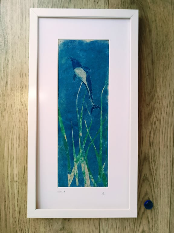 Framed monoprint ocean VI, northern right whale dolphin 