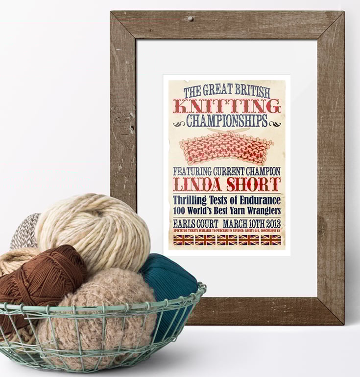 Personalised Knitting Gift, Vintage Style Art Print