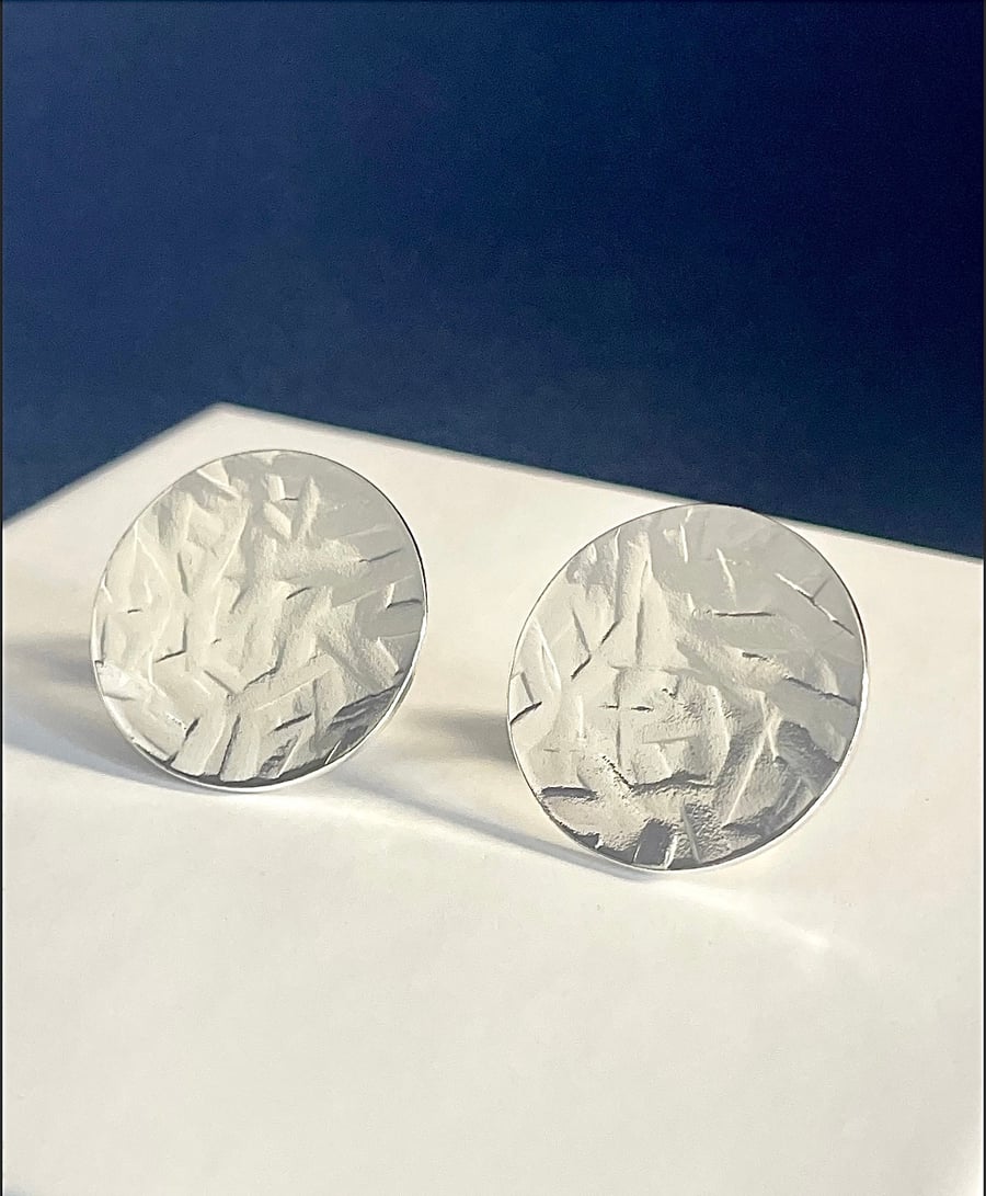 Large Sterling Silver Round Ear Stud Earrings 20mm - Hammered Abstract-Patterned