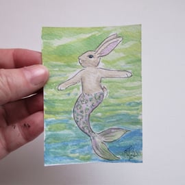 Merbunny ACEO Miniature Painting Watercolour Mermaid and Bunny Underwater 