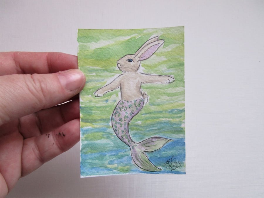 Merbunny ACEO Miniature Painting Watercolour Mermaid and Bunny Underwater 