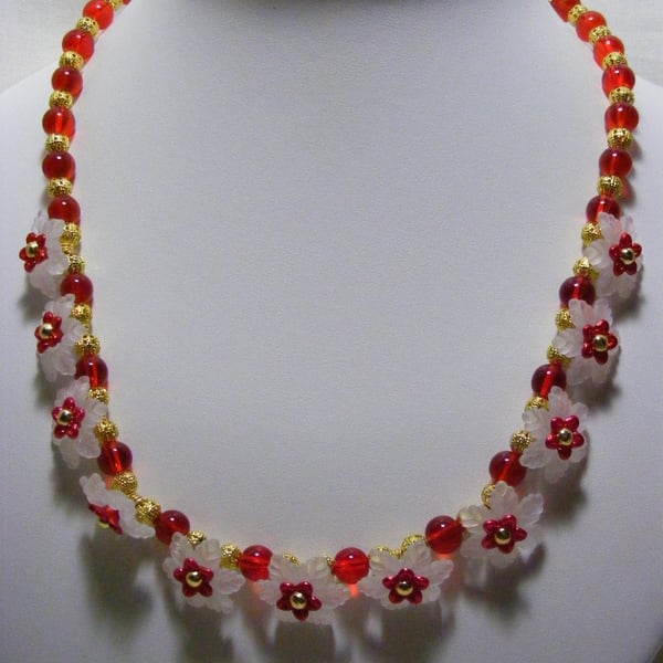 Red and White Flower Necklace