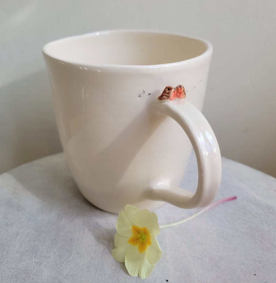 Ceramic robin couple cup with footprints and hearts, birds handmade gift mug