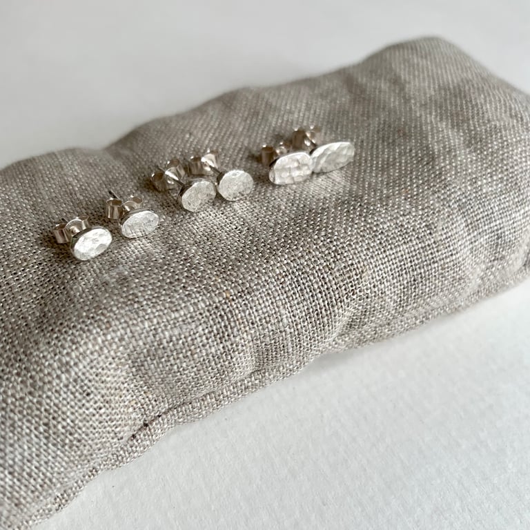 Pebble Oval Hammered Texture Stud Earrings. Recycled 925 Sterling Silver. 