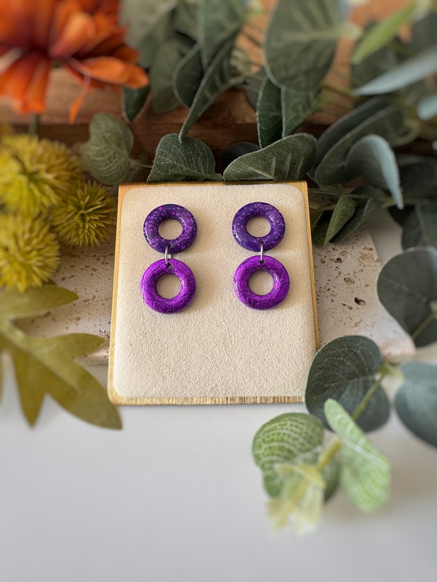 Purple Double Hoop Stud Drop Earrings