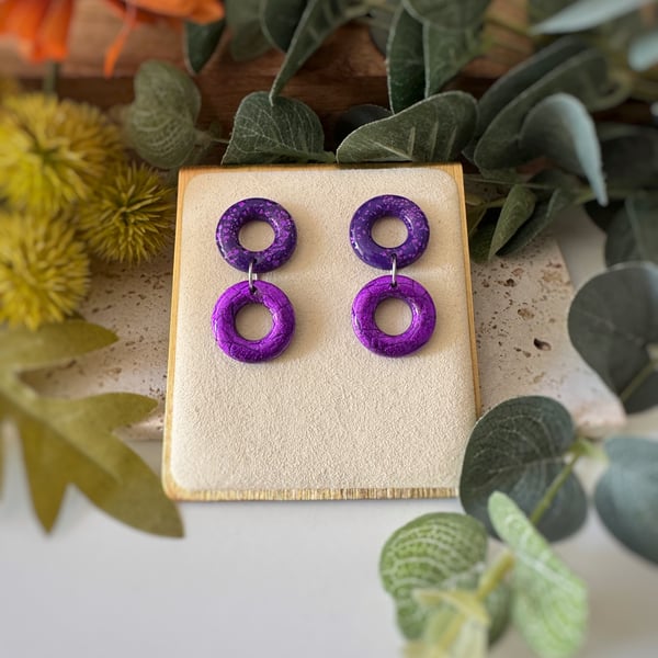 Purple Double Hoop Stud Drop Earrings