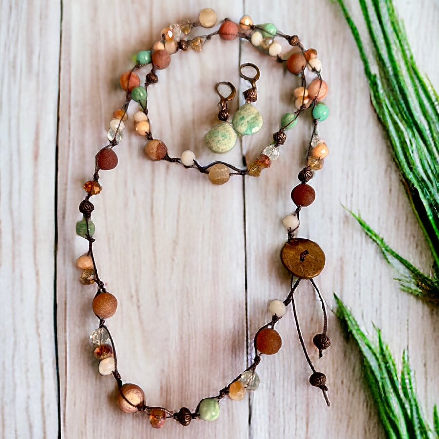 Boho, button and bead knotted necklace, earring set with antique bronze accent. 