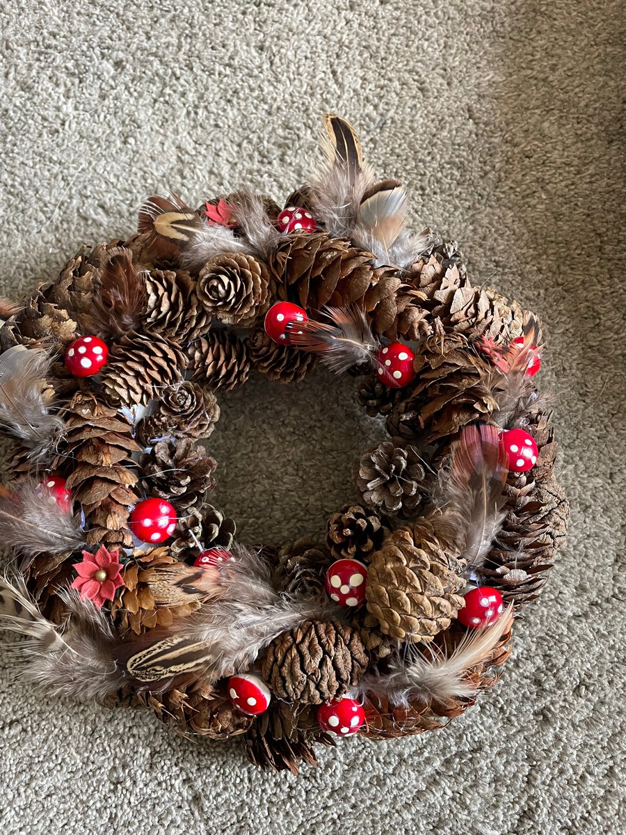 Pine cone and pheasant feather wreath