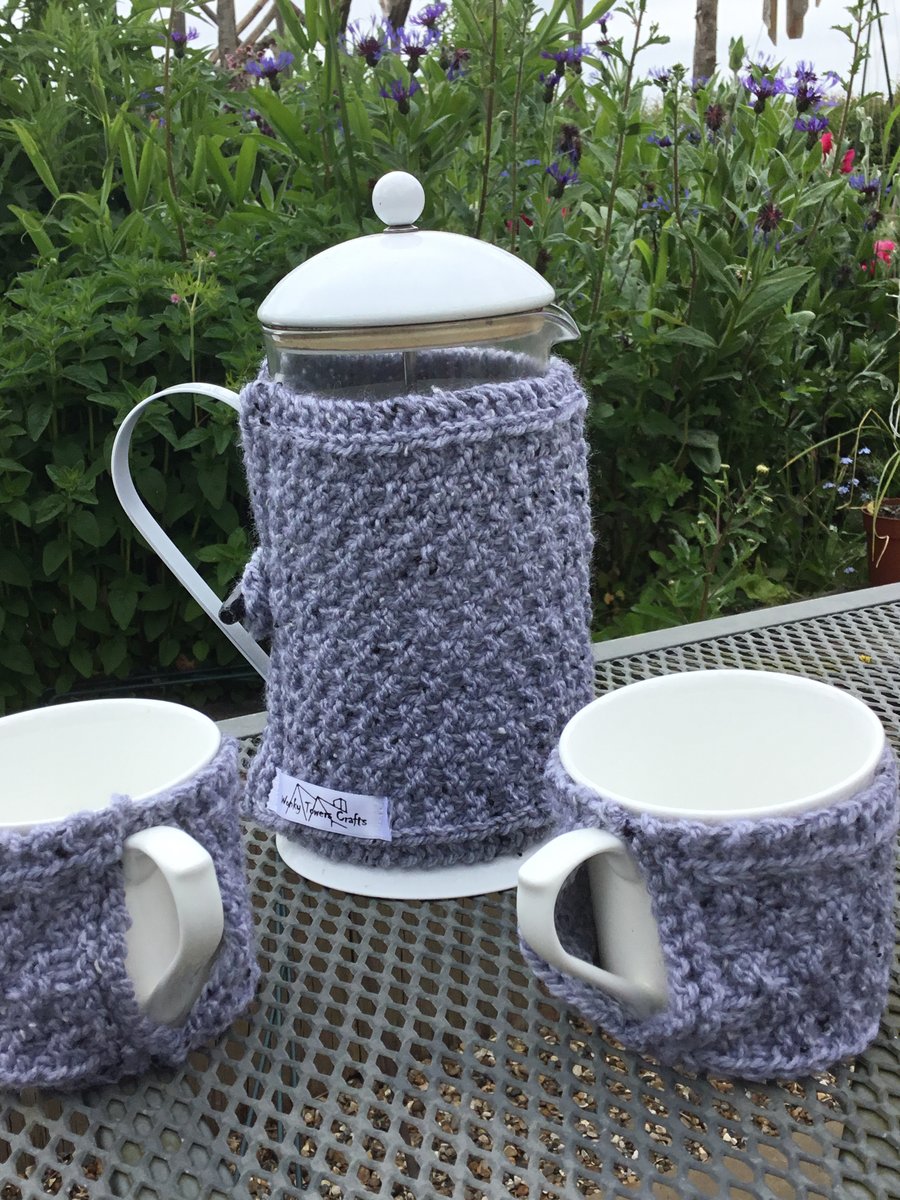 Cafetiere cosy and 2 mug hugs - grey marl. 