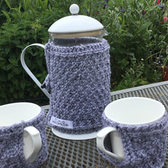 Cafetiere cosy and 2 mug hugs - grey marl. 