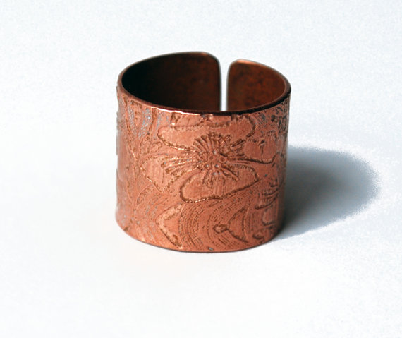 Etched Copper Floral Ring - Adjustable size