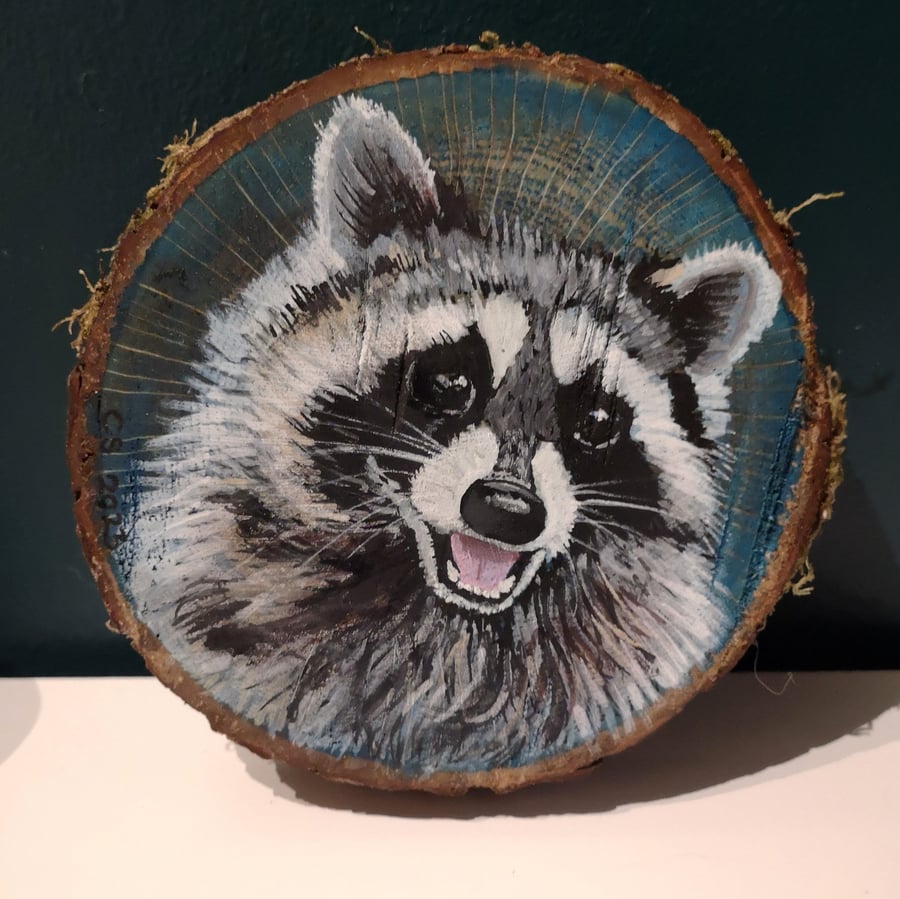 Happy Raccoon - Original Painting on Wood Slice