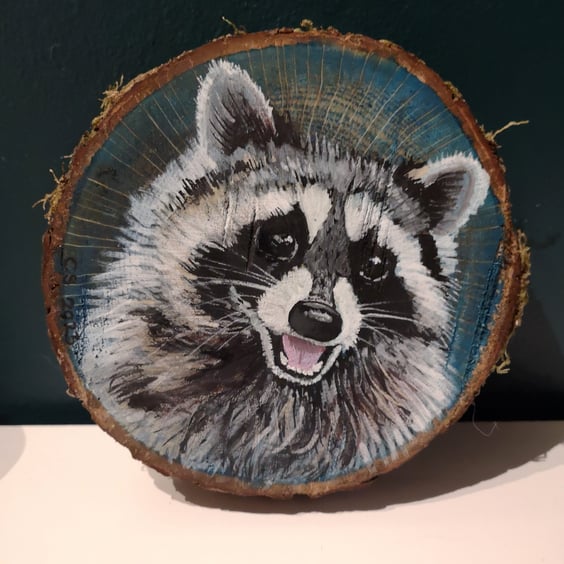 Happy Raccoon - Original Painting on Wood Slice