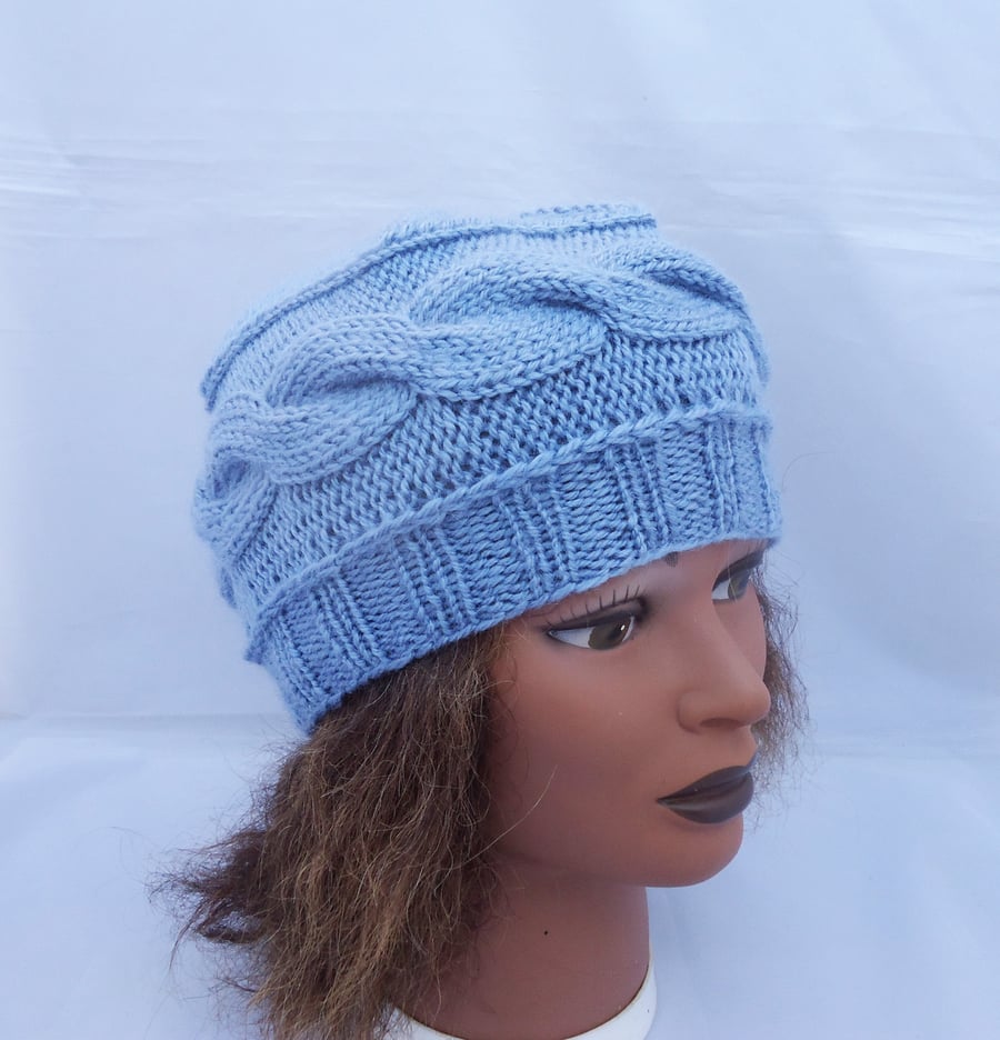 Women Cable Beret, Knit Cable Beret, Women Hat in Blue