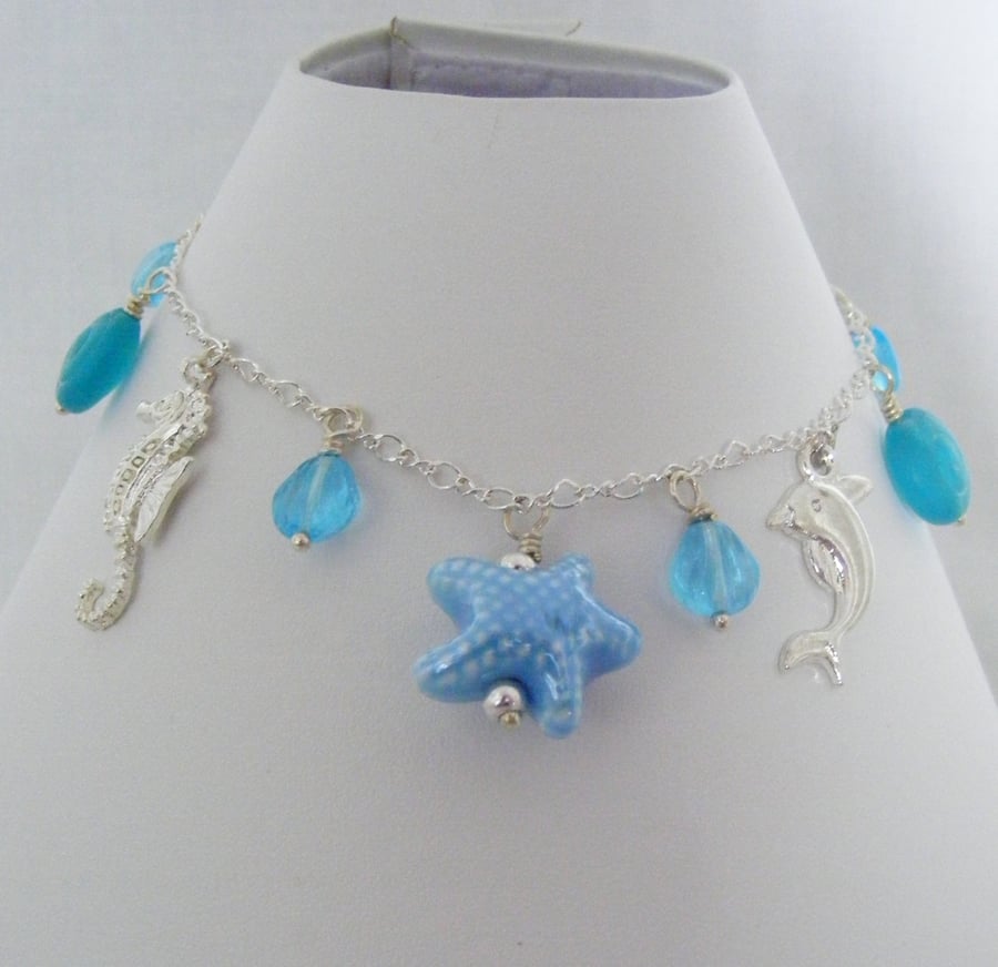 Silver and Aqua Charm Anklet