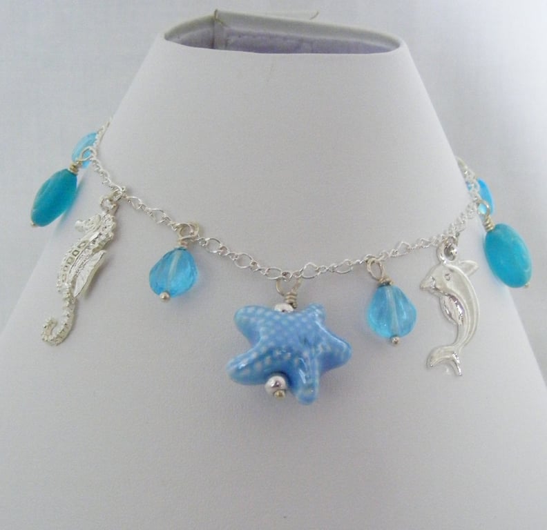 Silver and Aqua Charm Anklet