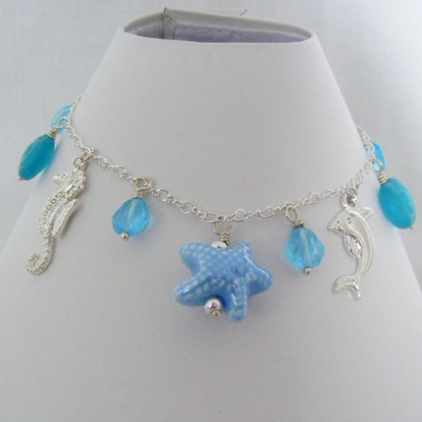 Silver and Aqua Charm Anklet