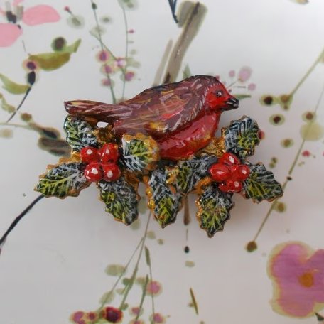 CHRISTMAS ROBIN & HOLLY BROOCH : Handmade Clay Festive Lapel Pin, Hand Painted
